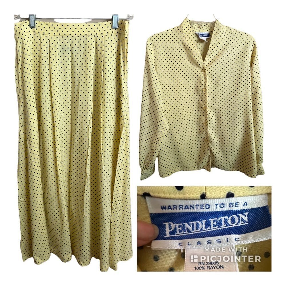Vintage Pendleton Skirt set, Yellow w/Navy polka dots, Blouse Sz6, Skirt Sz 8